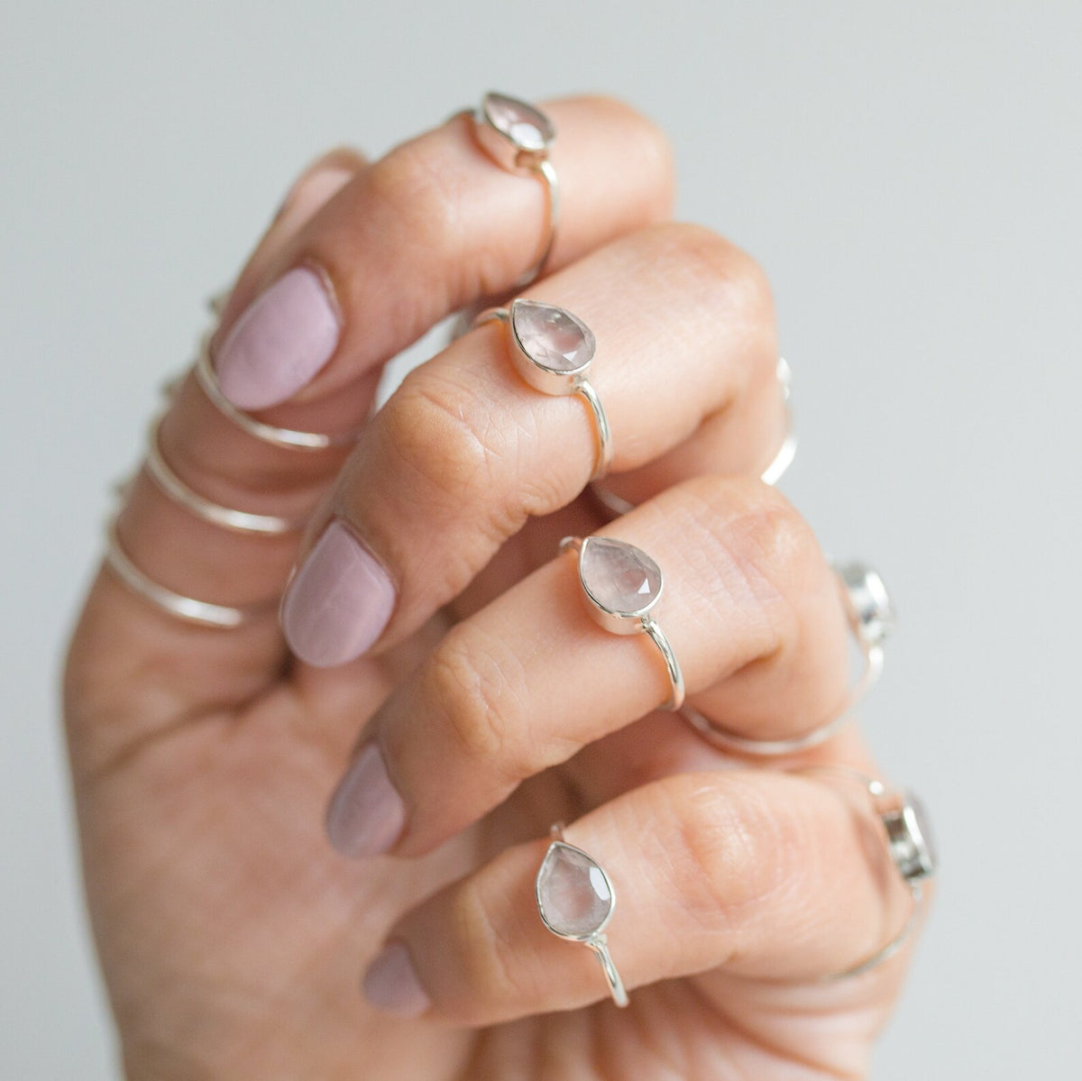 Natural Rose Quartz Crystal Ring, Teardrop Stone Ring in Sterling Silver