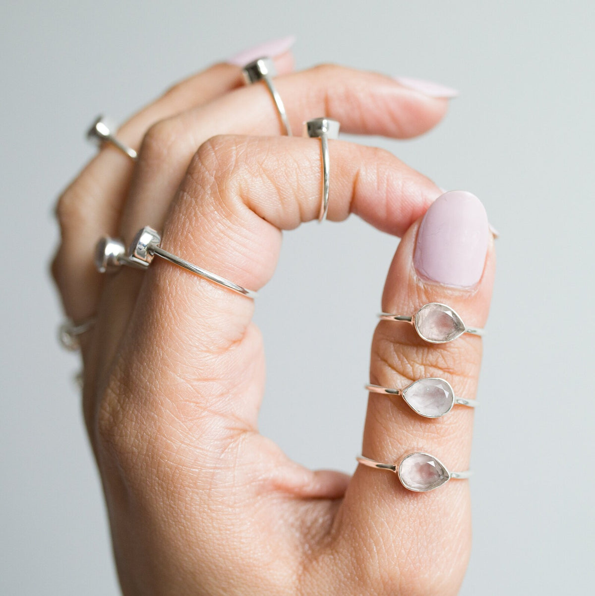 Natural Rose Quartz Crystal Ring, Teardrop Stone Ring in Sterling Silver