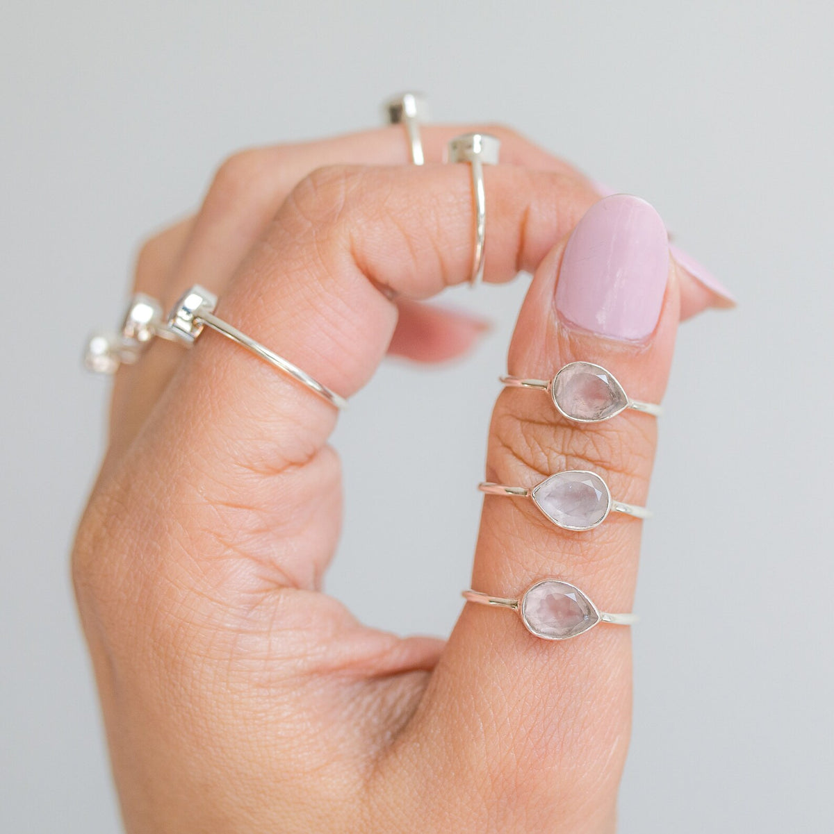 Natural Rose Quartz Crystal Ring, Teardrop Stone Ring in Sterling Silver