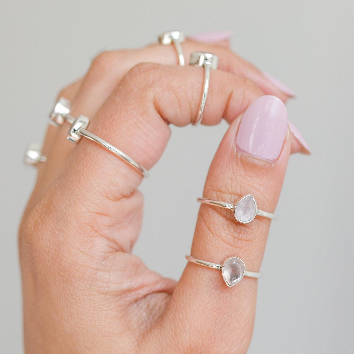 Natural Rose Quartz Ring, Teardrop Stone Ring in Sterling Silver
