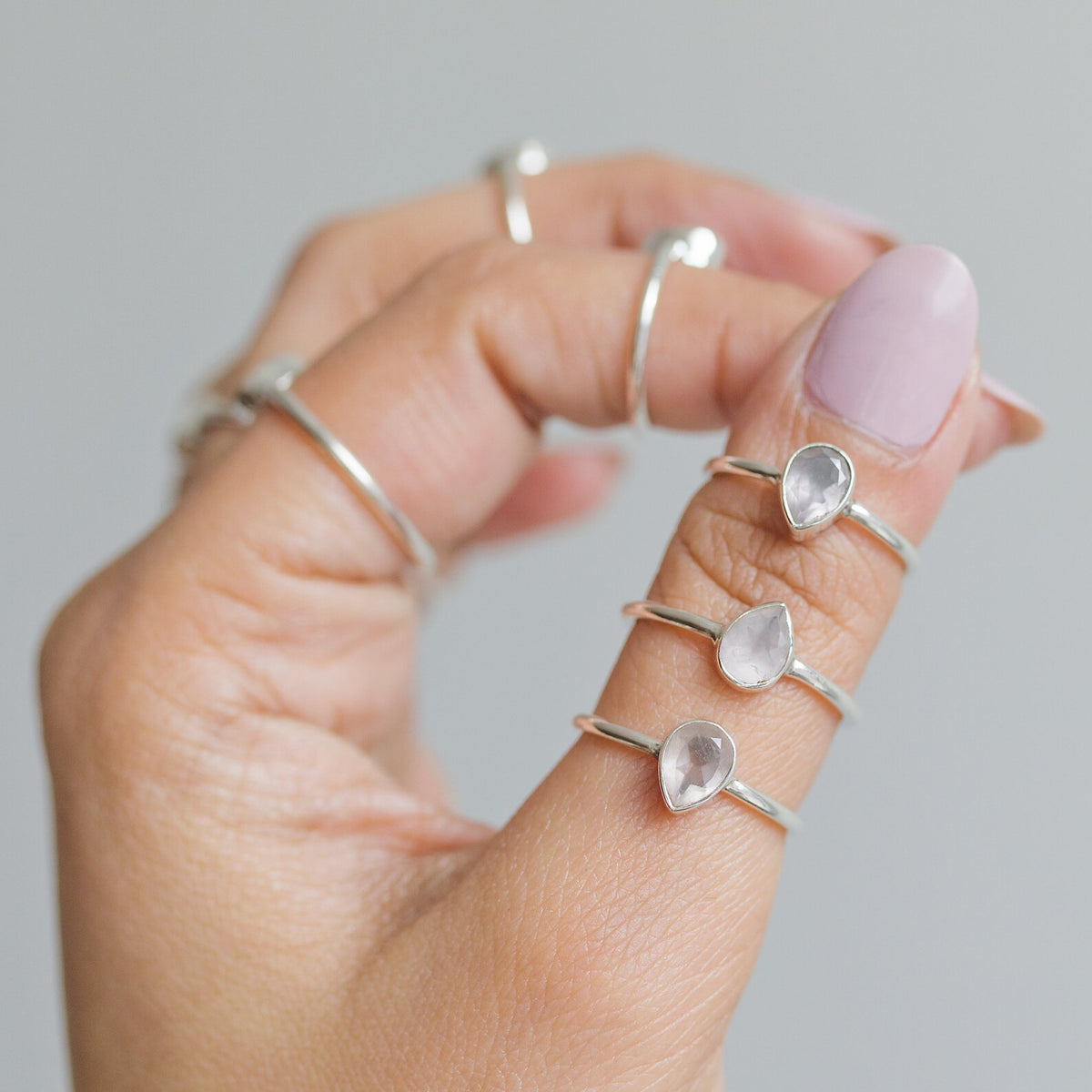 Natural Rose Quartz Ring, Teardrop Stone Ring in Sterling Silver
