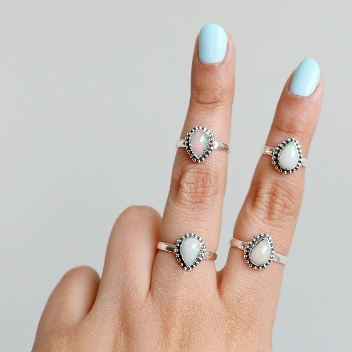 Ethiopian Opal Ring Rain Drop Silver Dot Ring