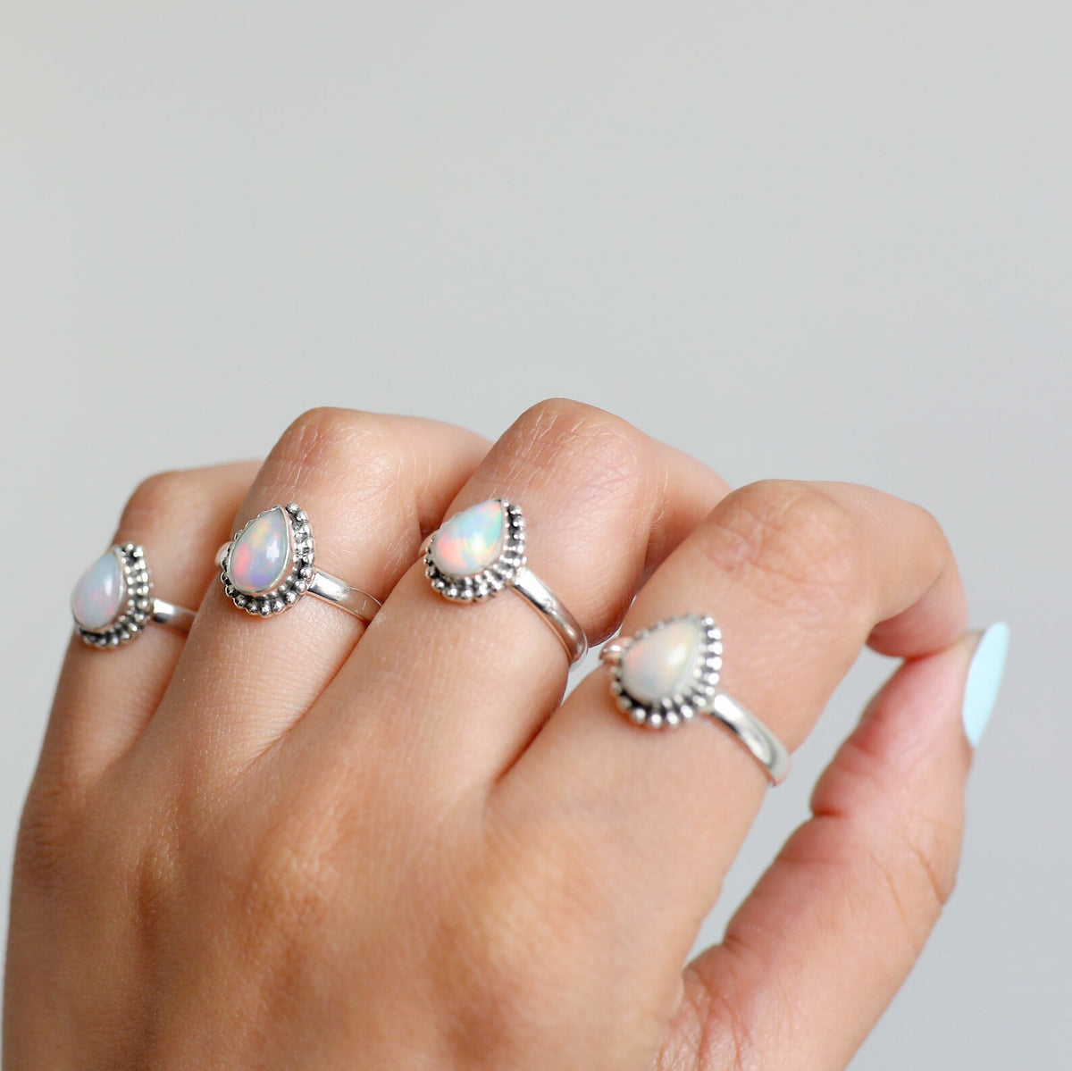 Ethiopian Opal Ring Rain Drop Silver Dot Ring