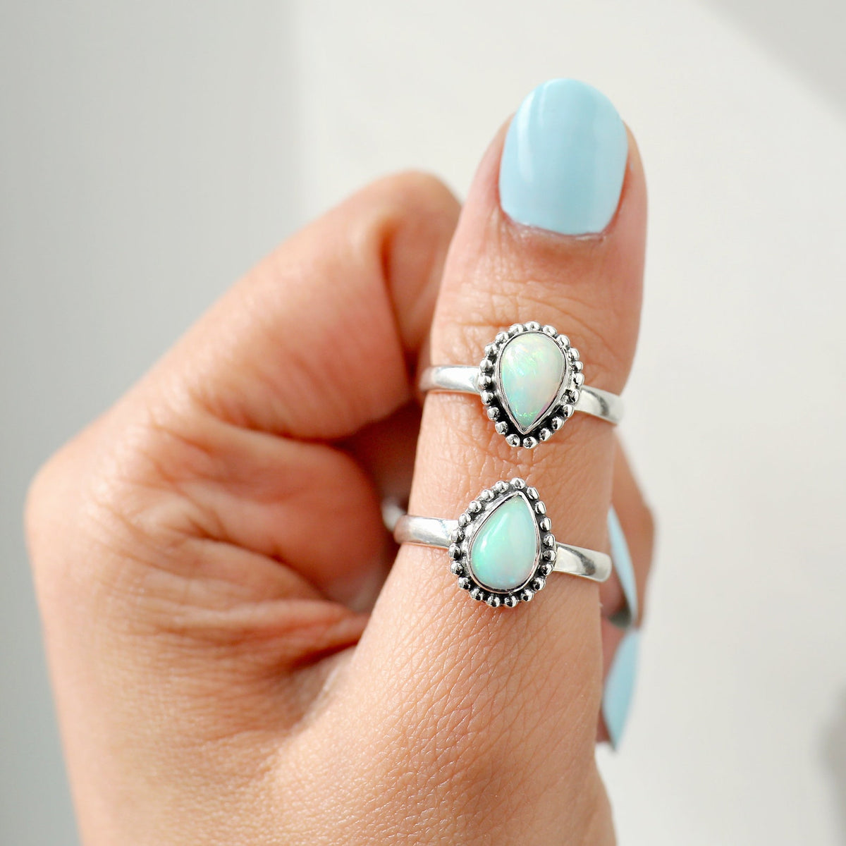Ethiopian Opal Ring Rain Drop Silver Dot Ring