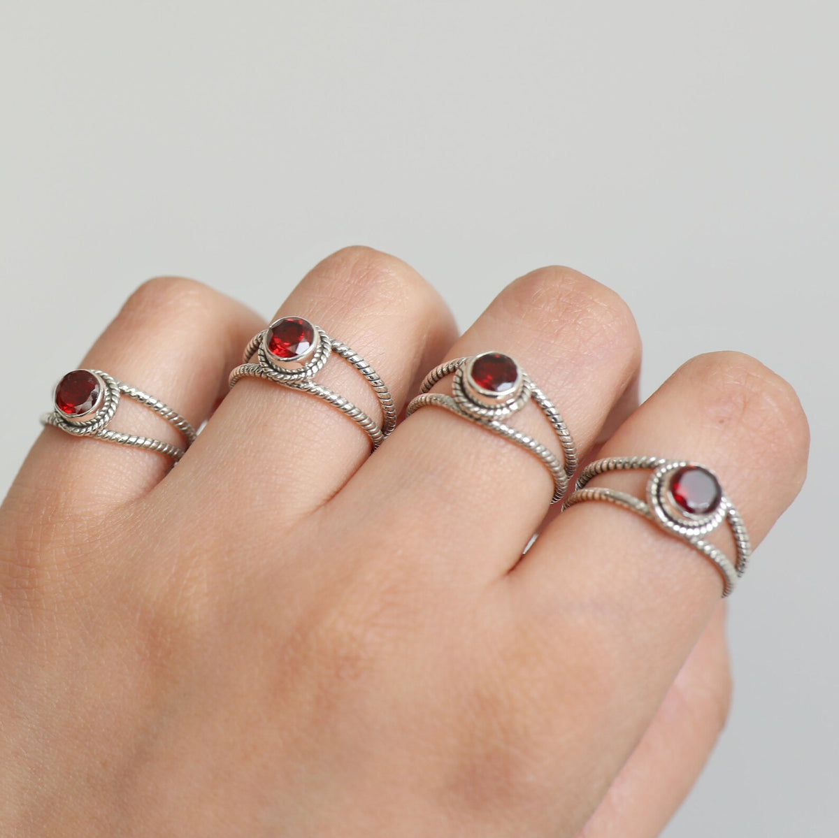 Round Garnet Ring, Twisted Silver Ring
