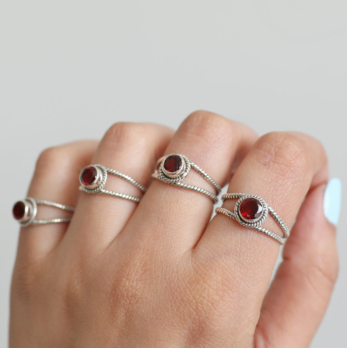 Round Garnet Ring, Twisted Silver Ring