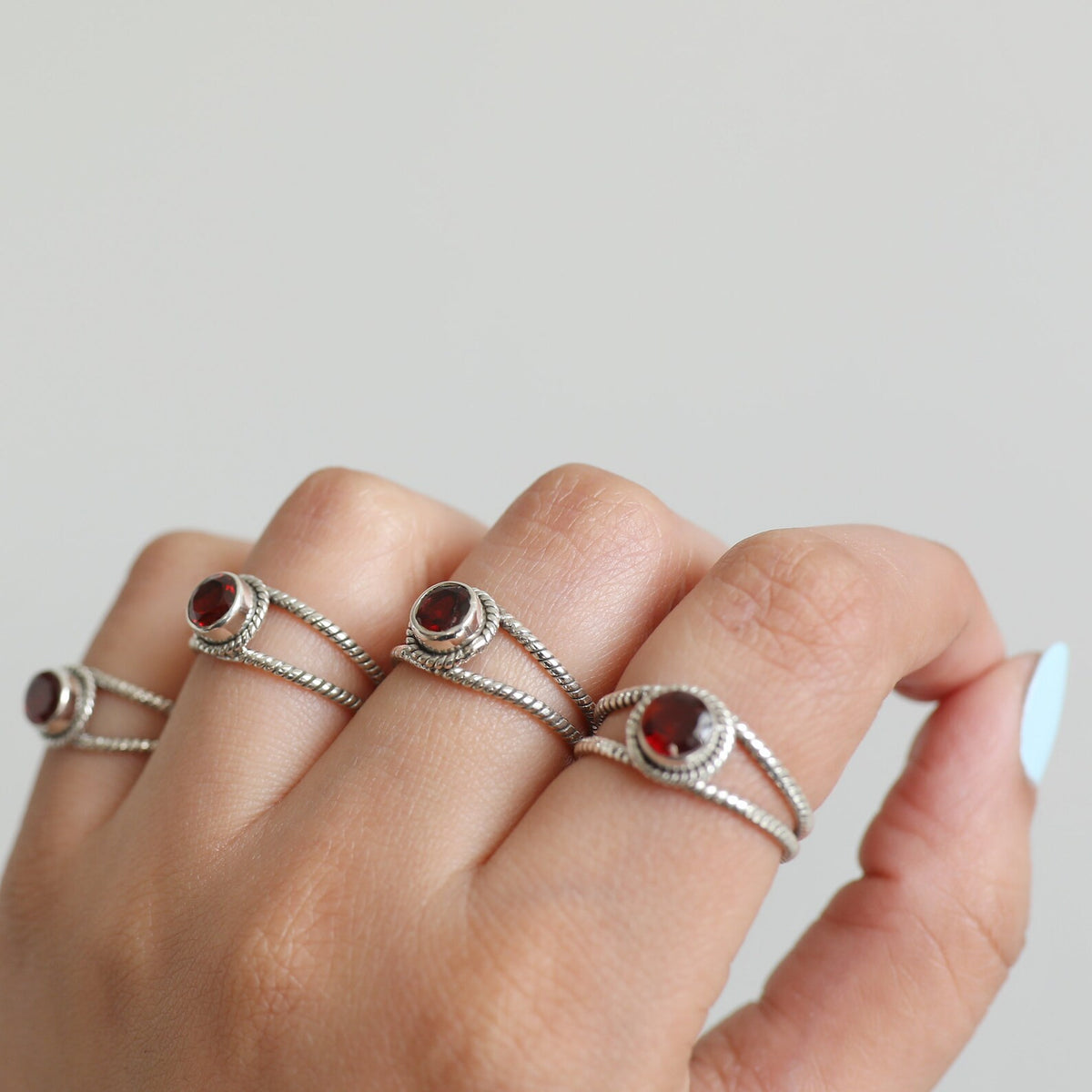Round Garnet Ring, Twisted Silver Ring