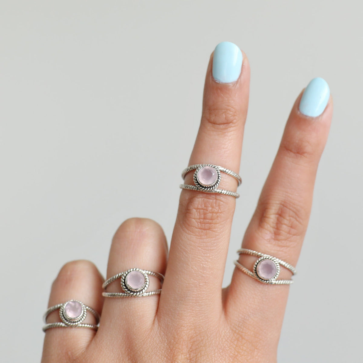Round Rose Quartz Ring, Twisted Silver Ring