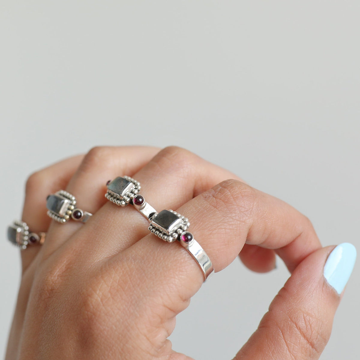Natural Labradorite & Raspberry Garnet Sterling Silver Boho Ring