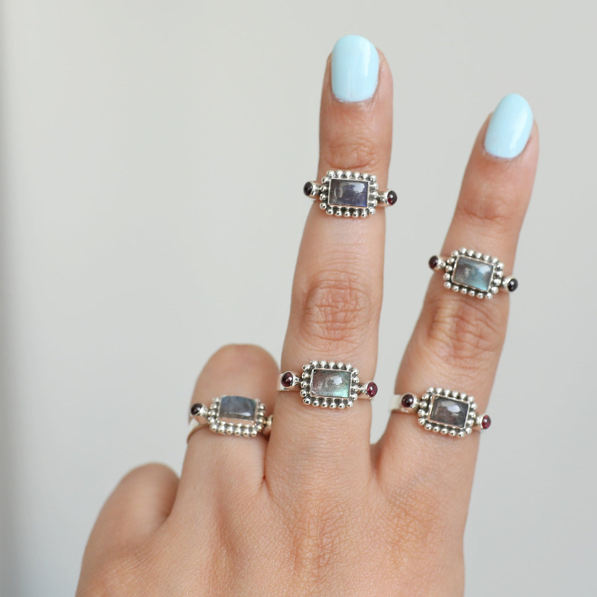 Natural Labradorite & Raspberry Garnet Sterling Silver Boho Ring