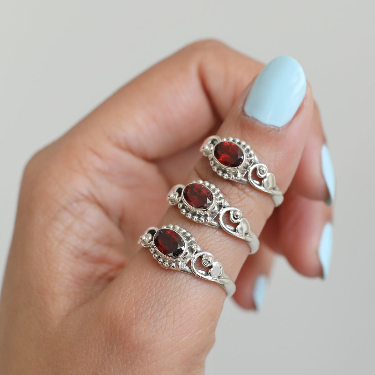 Oval Garnet Sterling Silver Heart Ring - Red Gemstone Ring