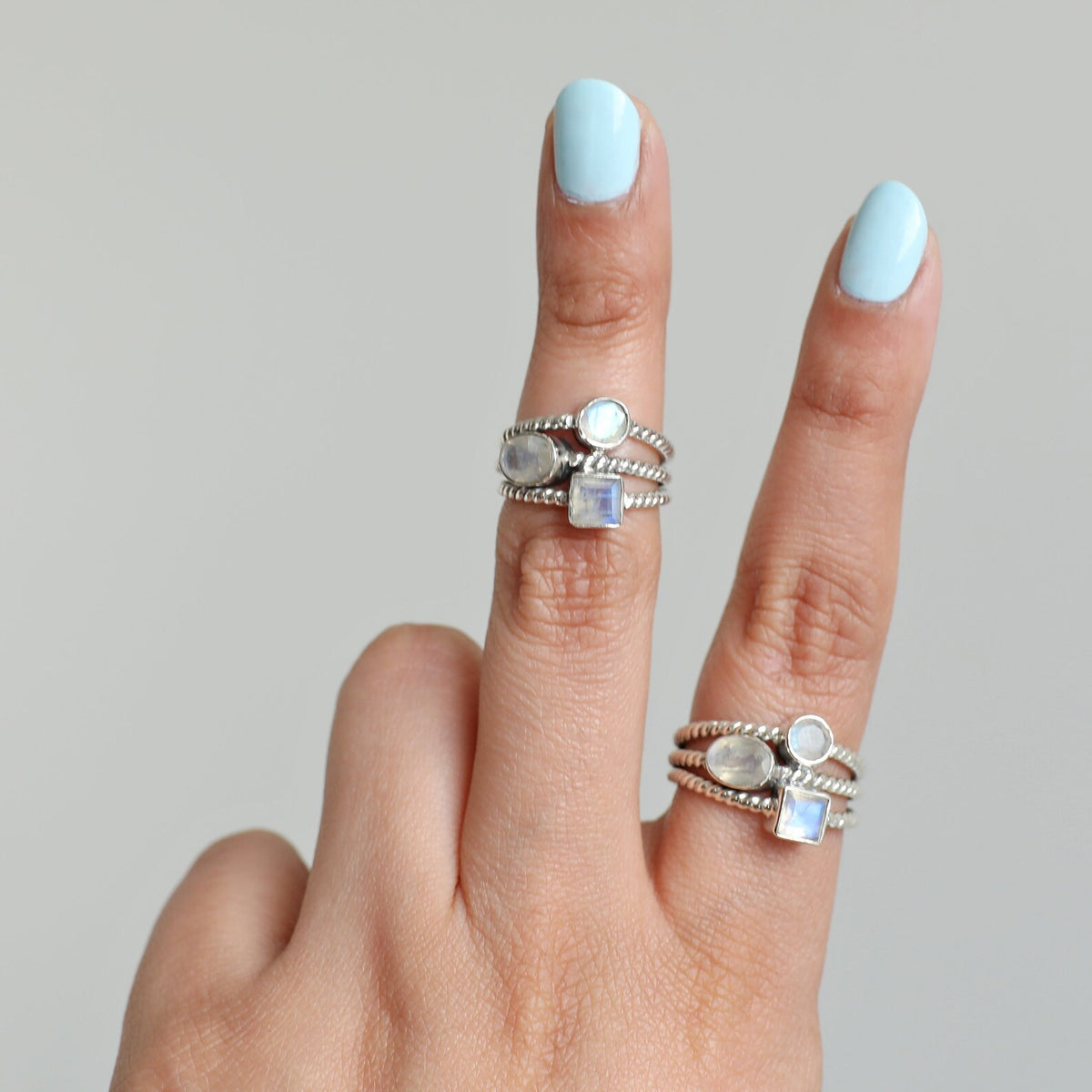 Blue Moonstone Three Stone Ring, Rainbow Crystal Ring