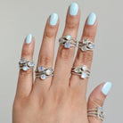 Blue Moonstone Three Stone Ring, Rainbow Crystal Ring