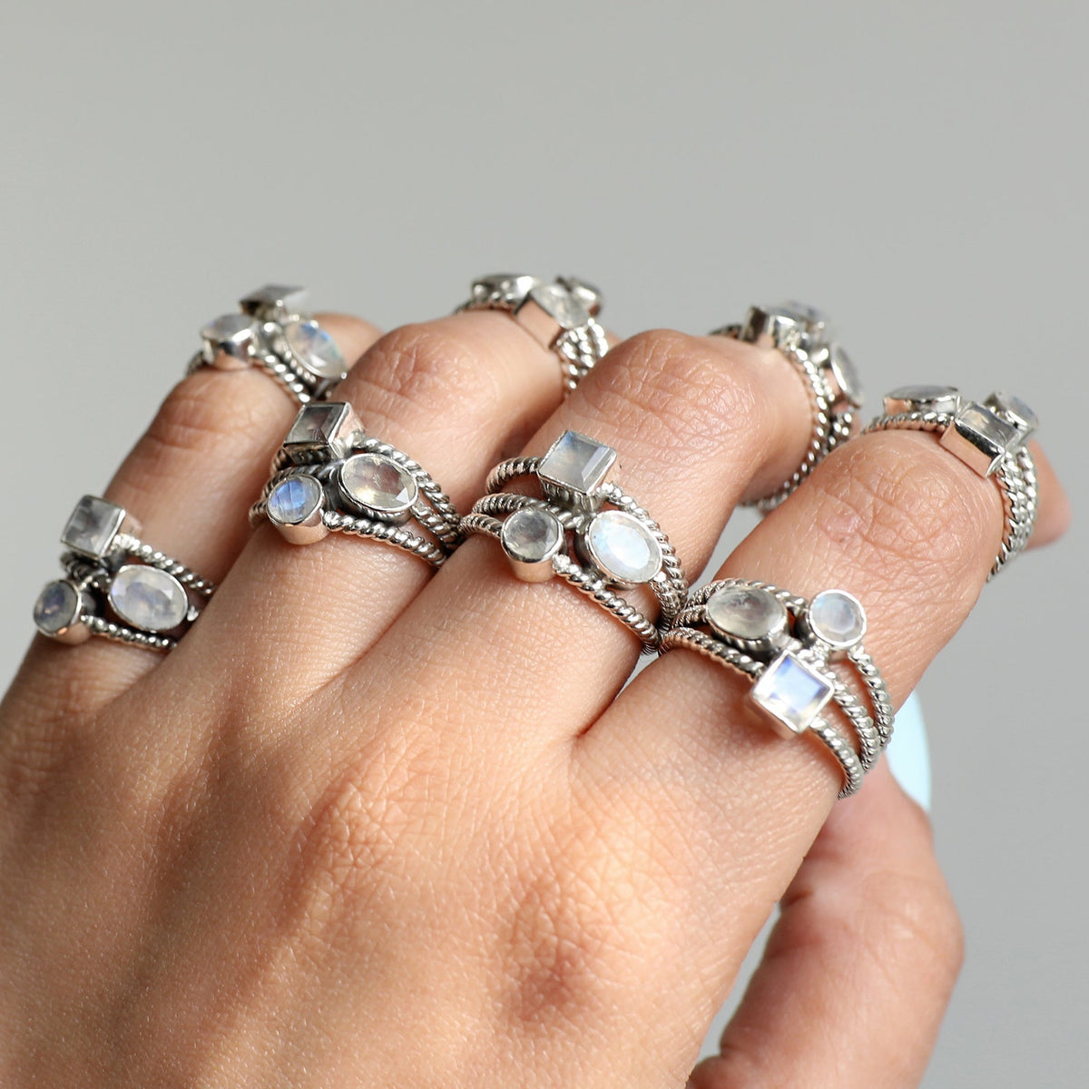 Blue Moonstone Three Stone Ring, Rainbow Crystal Ring