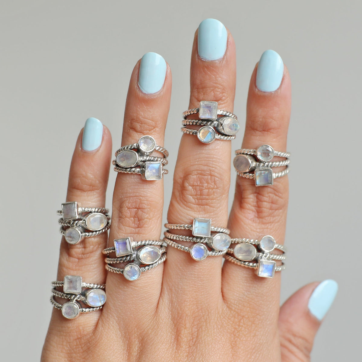 Blue Moonstone Three Stone Ring, Rainbow Crystal Ring