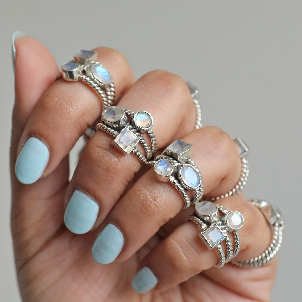 Blue Moonstone Three Stone Ring, Rainbow Crystal Ring