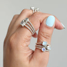 Blue Moonstone Three Stone Ring, Rainbow Crystal Ring