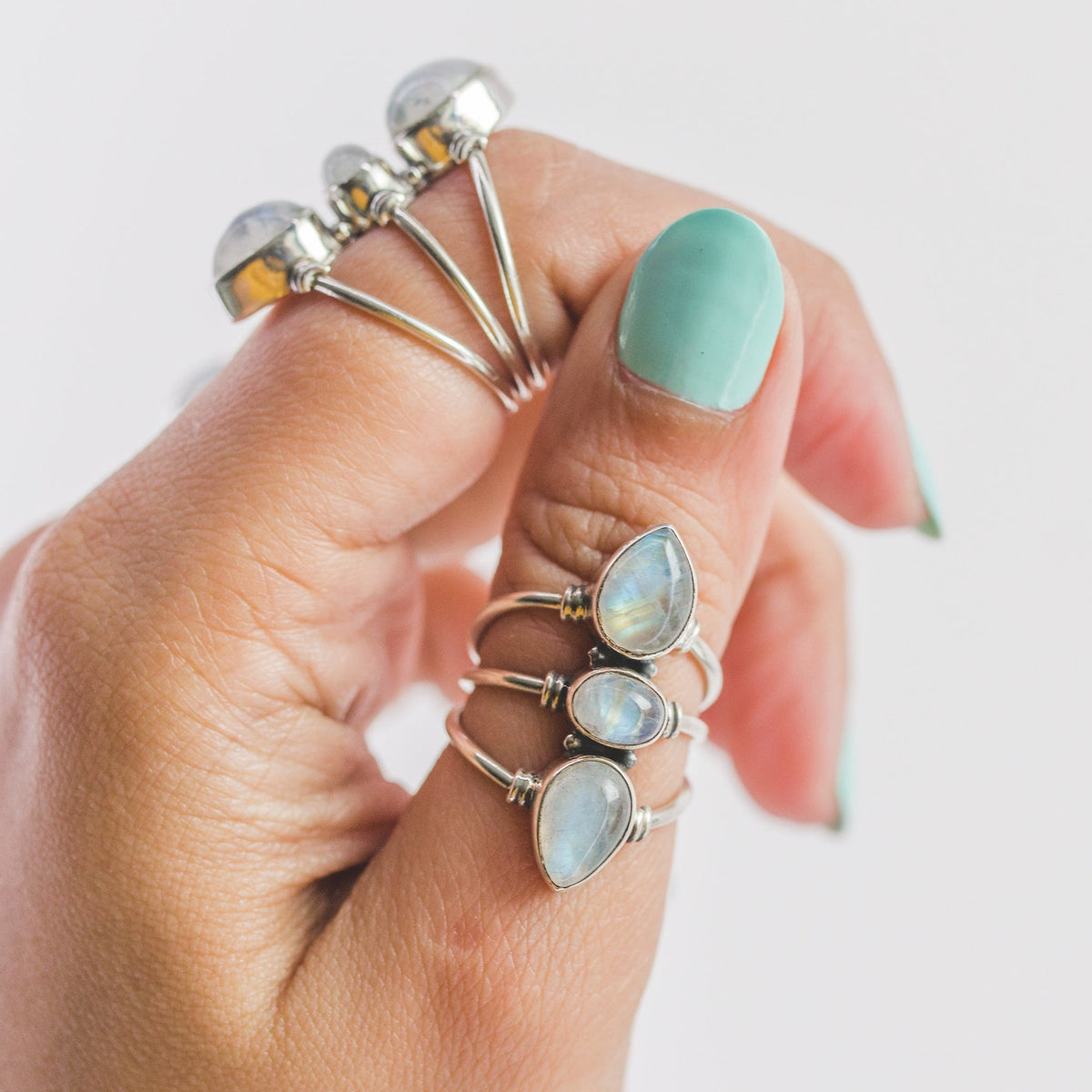 Three Gemstone Rainbow Moonstone Sterling Silver Ring, Statement Rings