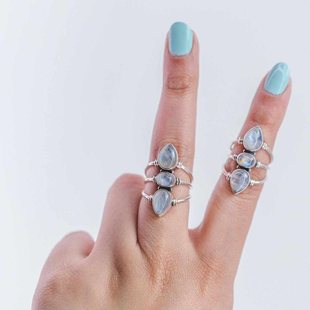Three Gemstone Rainbow Moonstone Sterling Silver Ring, Statement Rings