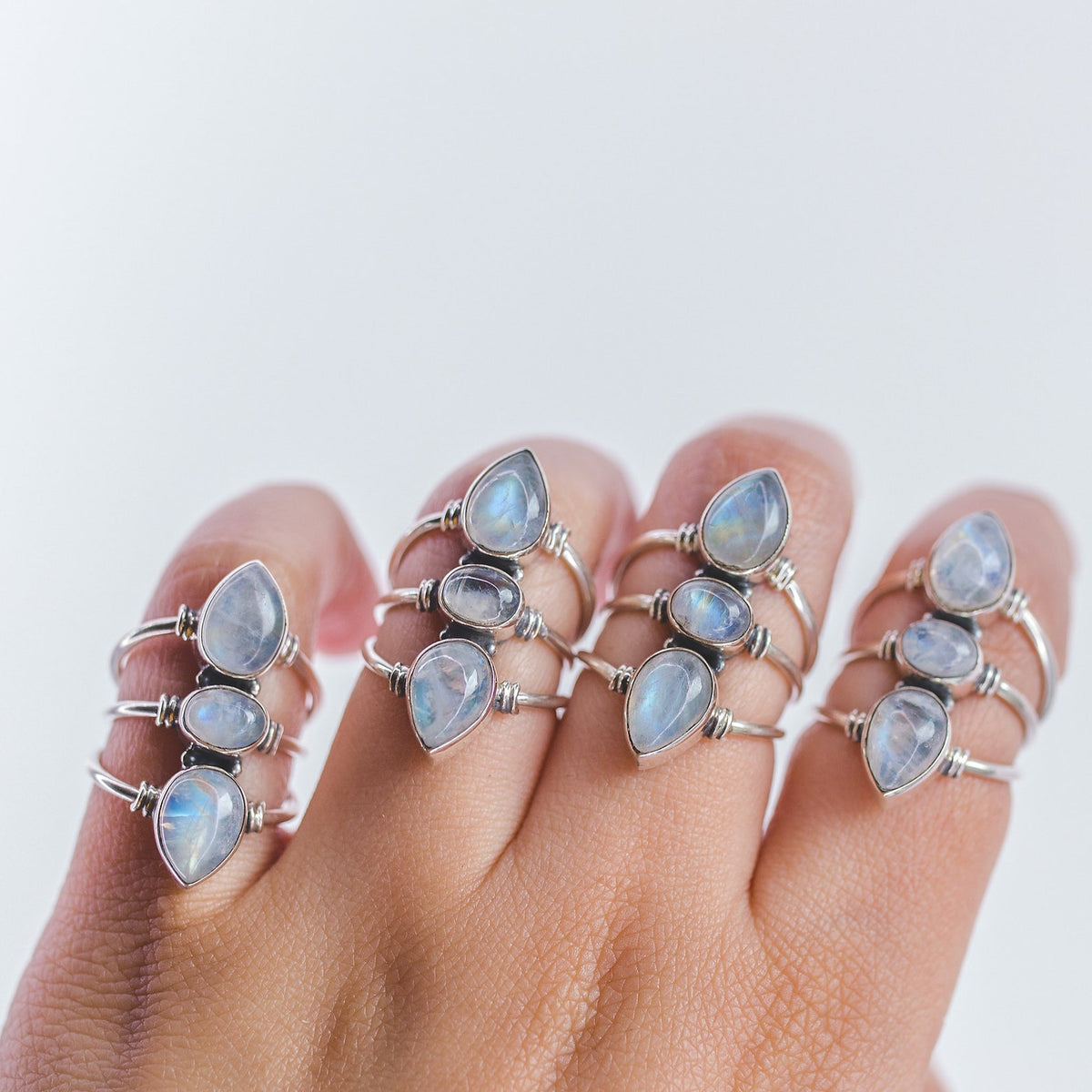 Three Gemstone Rainbow Moonstone Sterling Silver Ring, Statement Rings