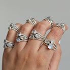 Blue Moonstone Three Stone Ring, Rainbow Crystal Ring