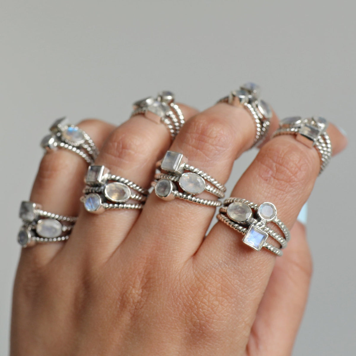 Blue Moonstone Three Stone Ring, Rainbow Crystal Ring