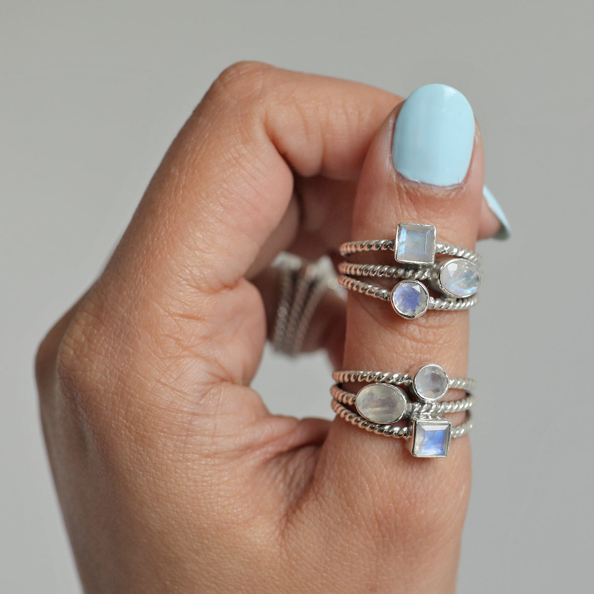 Blue Moonstone Three Stone Ring, Rainbow Crystal Ring