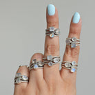 Blue Moonstone Three Stone Ring, Rainbow Crystal Ring