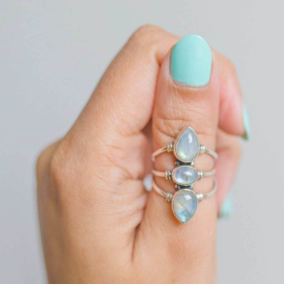 Three Gemstone Rainbow Moonstone Sterling Silver Ring, Statement Rings