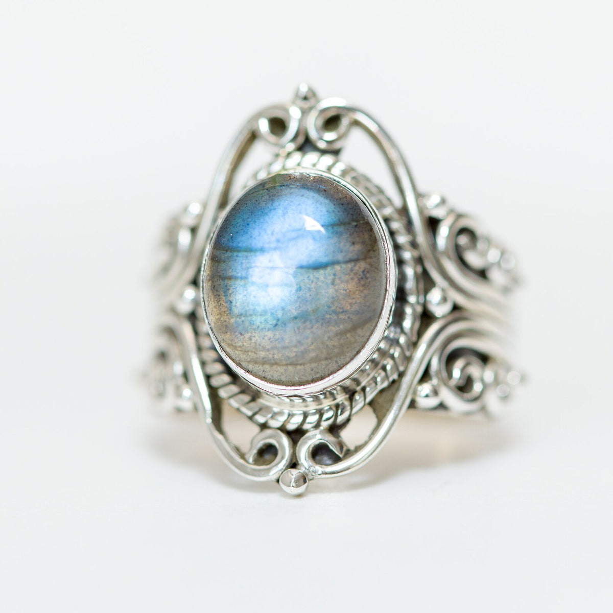 Oval Labradorite Bohemian Silver Ring - Dark Souls Ring