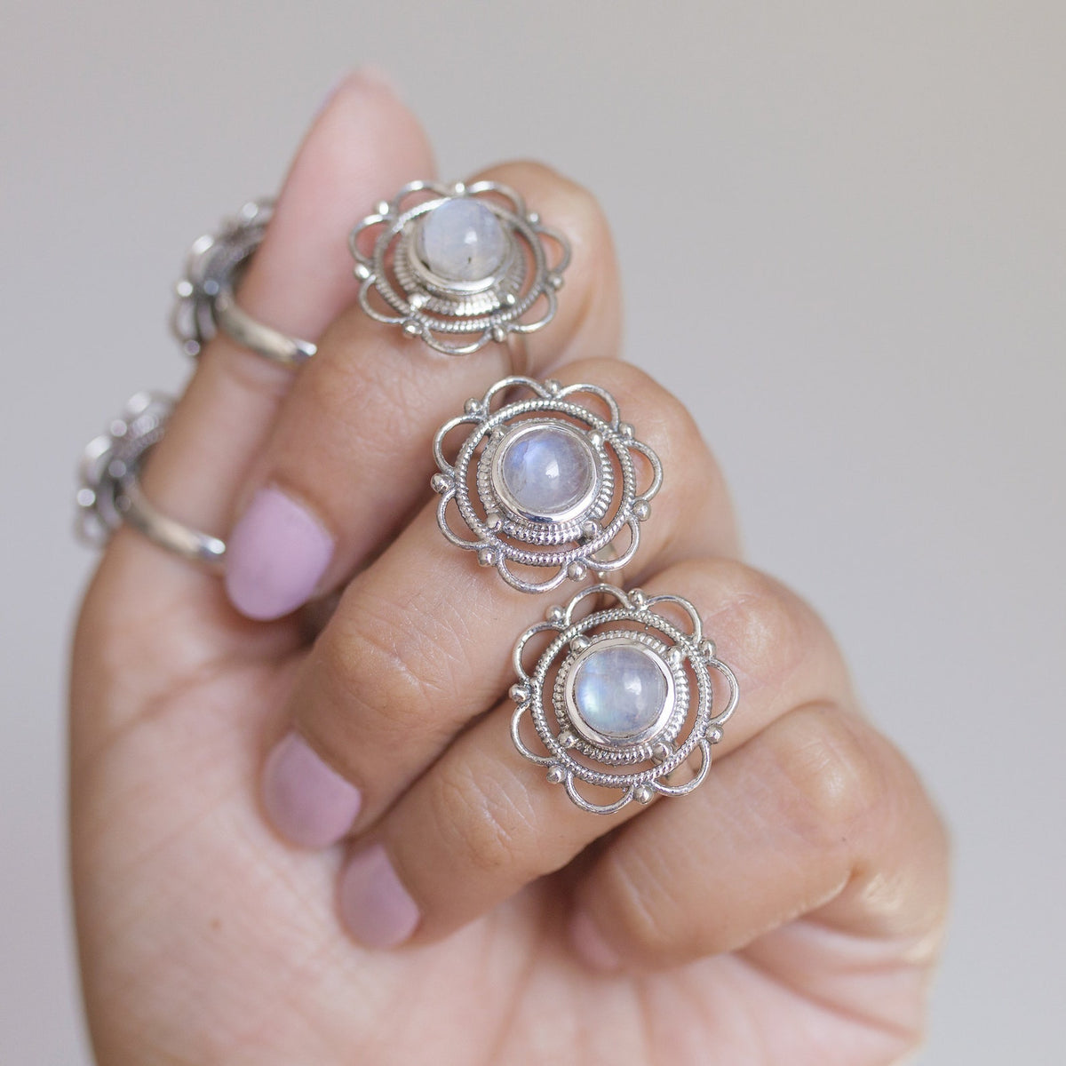 Round Moonstone Mandala Ring, Meditation Rings