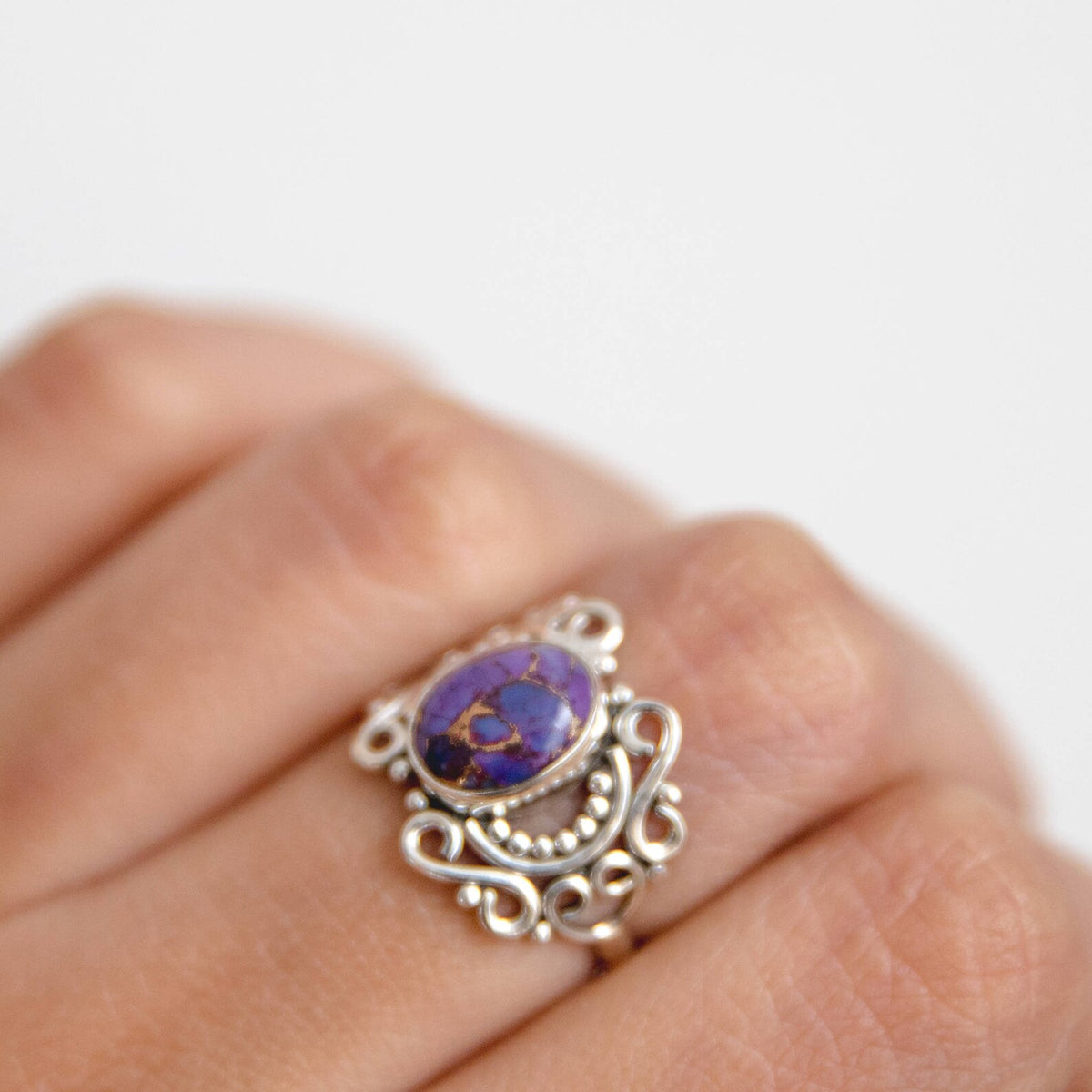 Purple Turquoise Ring - Copper Turquoise Ornate Silver Ring