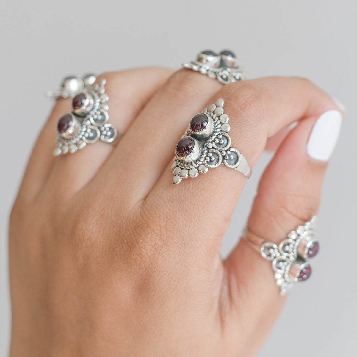 Garnet Boho Ring, Silver Cocktail Ring