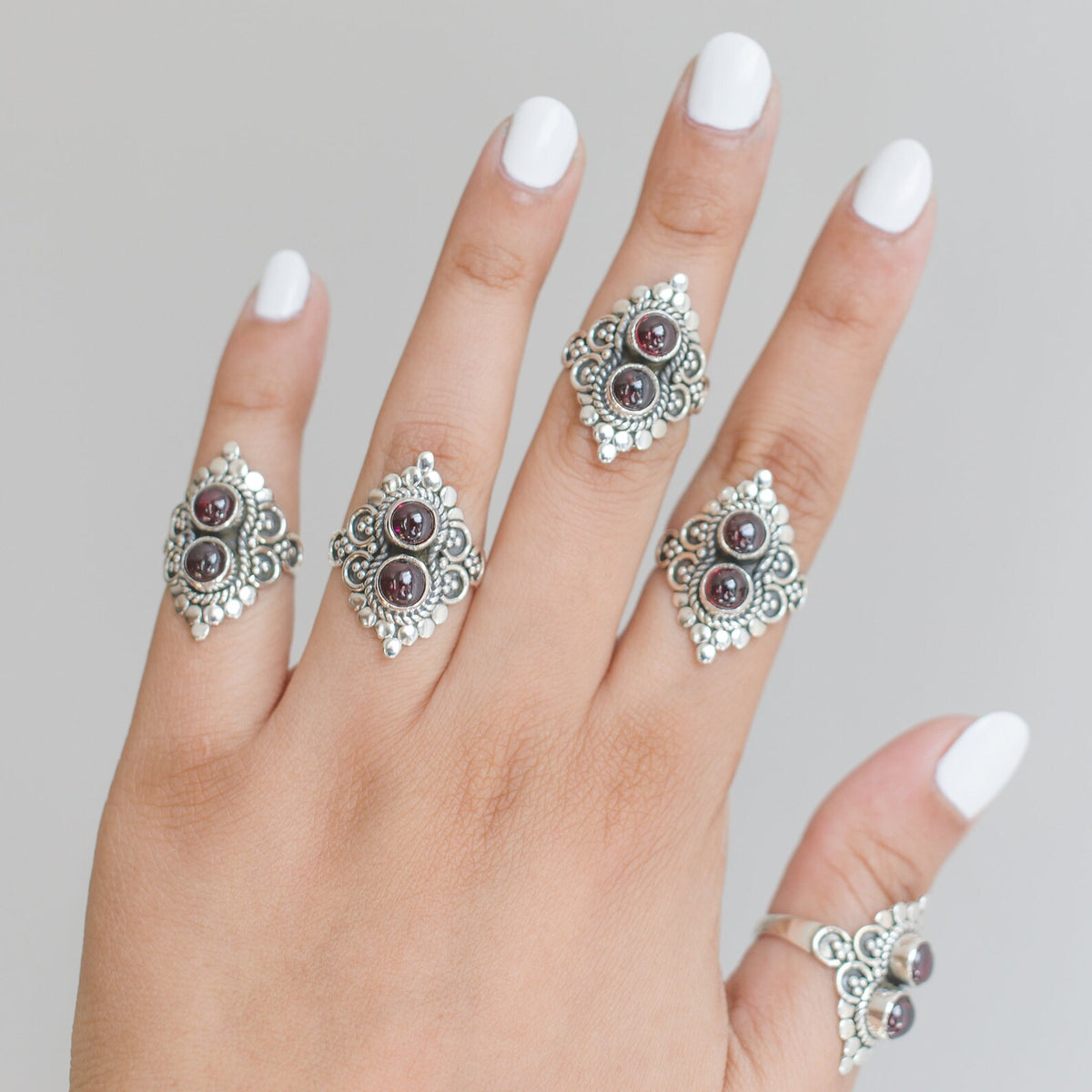 Garnet Boho Ring, Silver Cocktail Ring