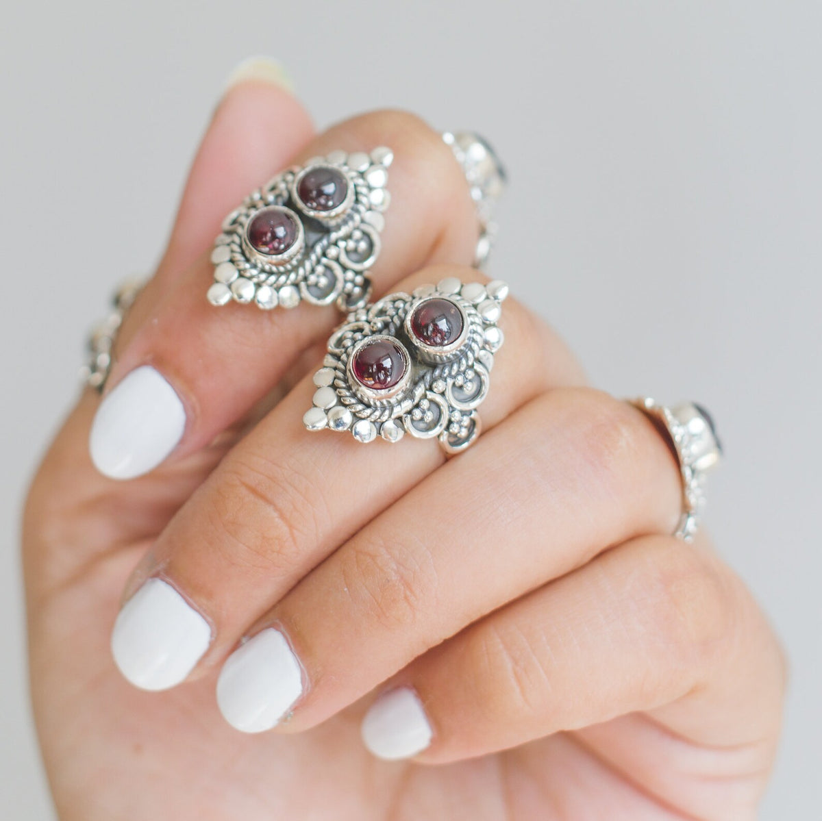 Garnet Boho Ring, Silver Cocktail Ring