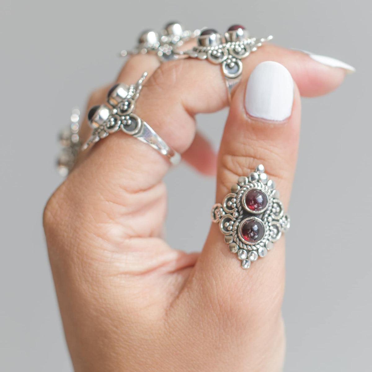 Garnet Boho Ring, Silver Cocktail Ring