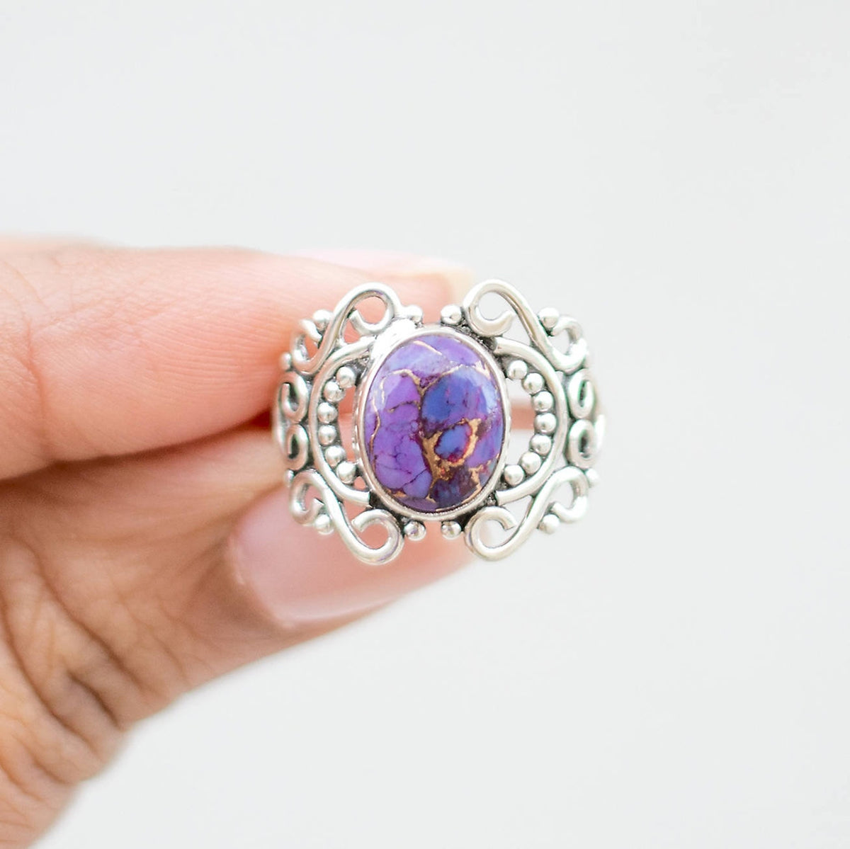 Purple Turquoise Ring - Copper Turquoise Ornate Silver Ring