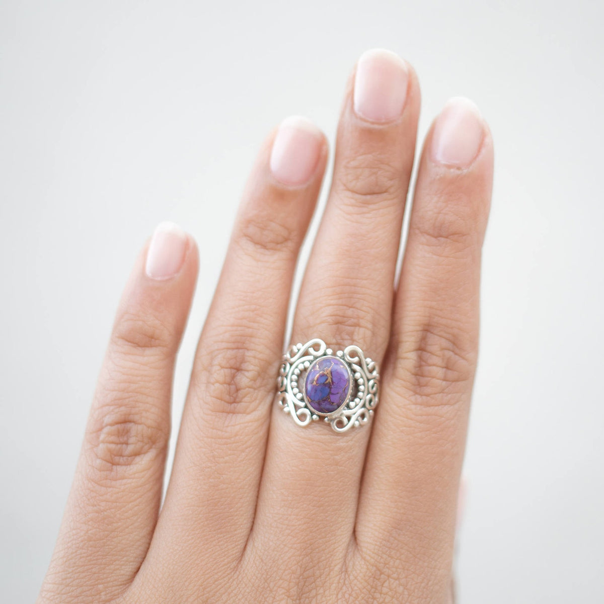 Purple Turquoise Ring - Copper Turquoise Ornate Silver Ring