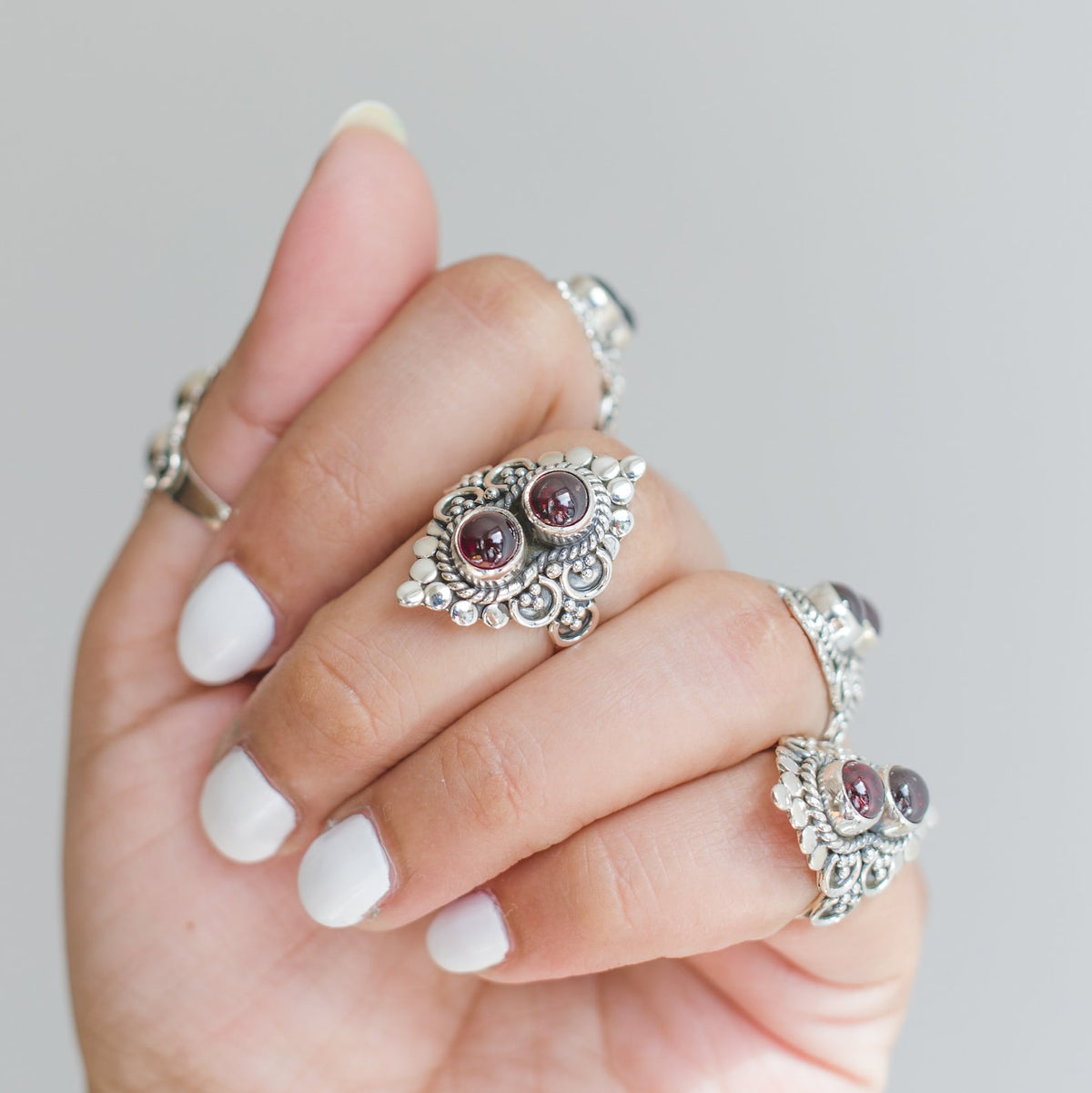 Garnet Boho Ring, Silver Cocktail Ring