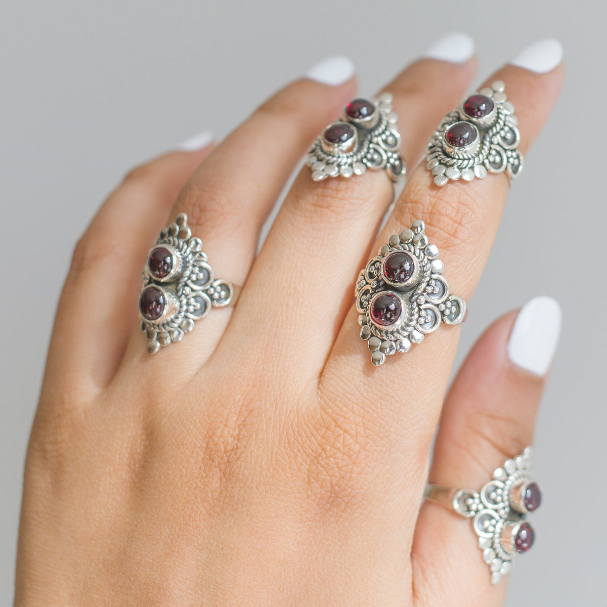 Garnet Boho Ring, Silver Cocktail Ring