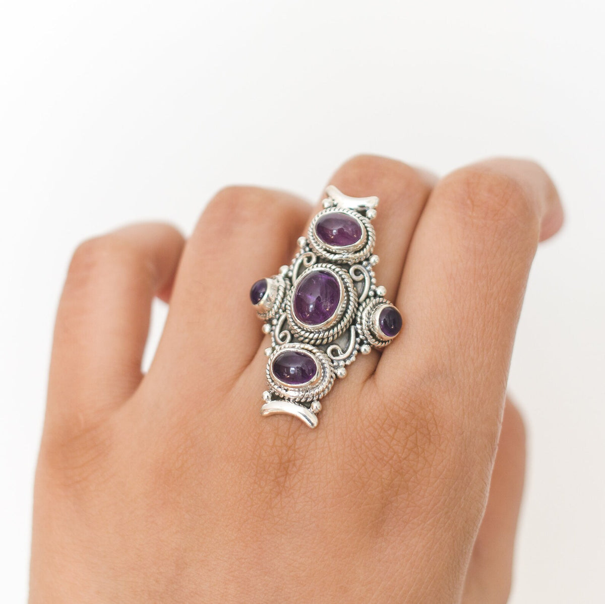 Large Bohemian Ring, Amethyst Ring Sterling Silver
