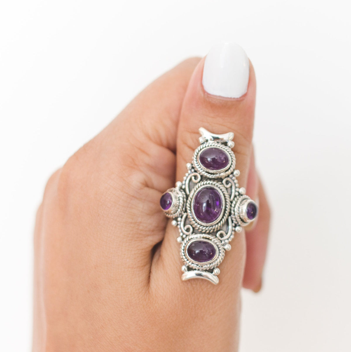 Large Bohemian Ring, Amethyst Ring Sterling Silver