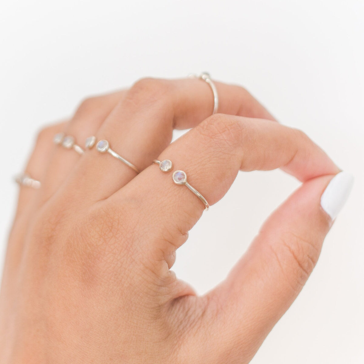 Blue Moonstone Adjustable Dainty Stacking Ring, Thin Silver Rings