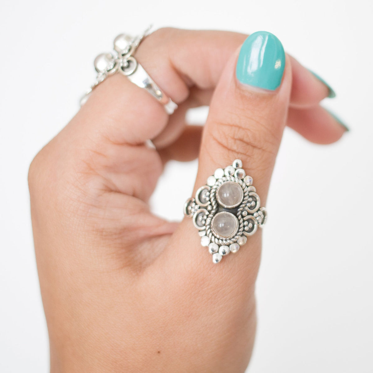 Rose Quartz Boho Ring, Silver Cocktail Ring