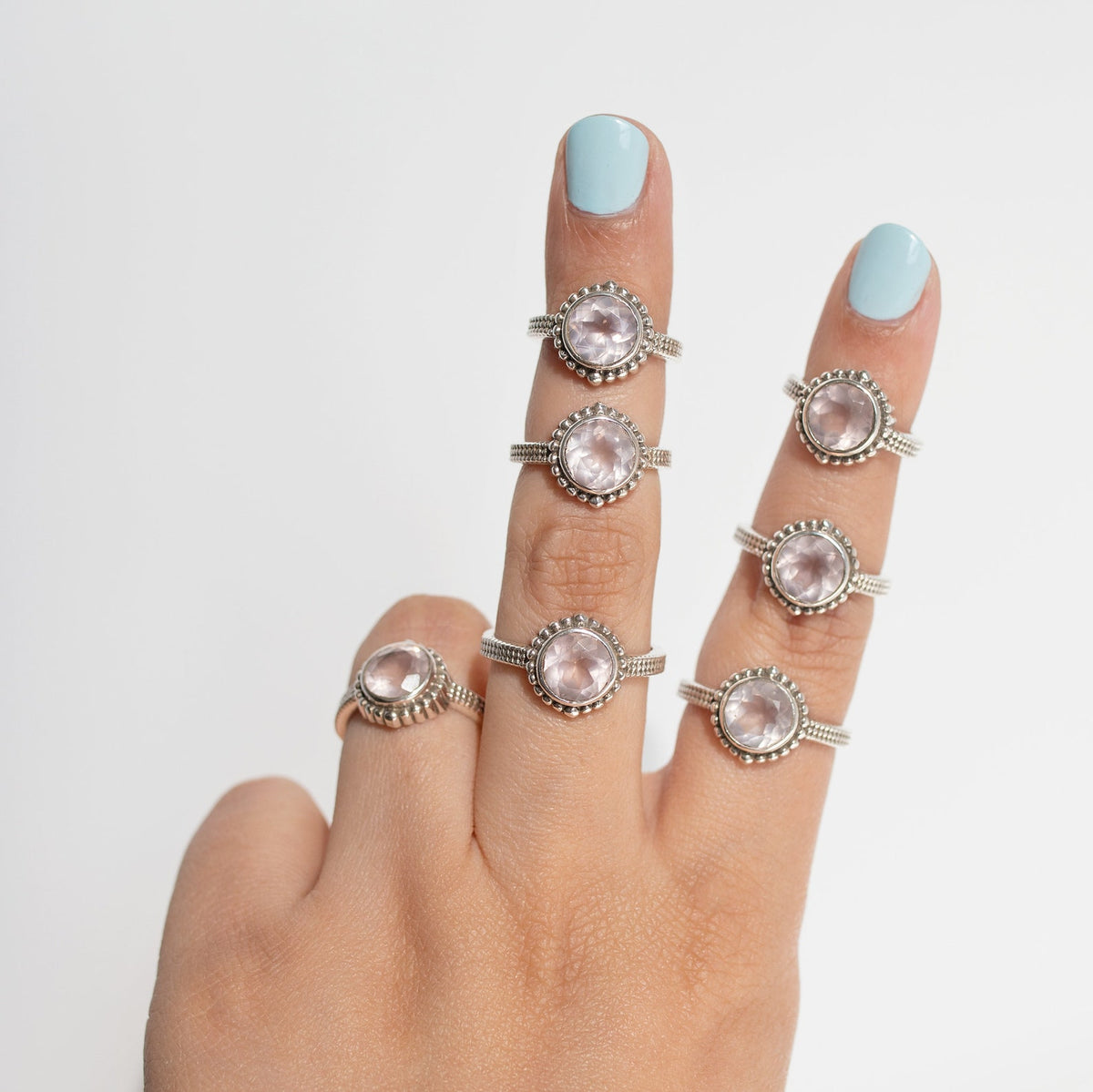 Round Rose Quartz Ring in Sterling Silver, Natural Crystal Quartz