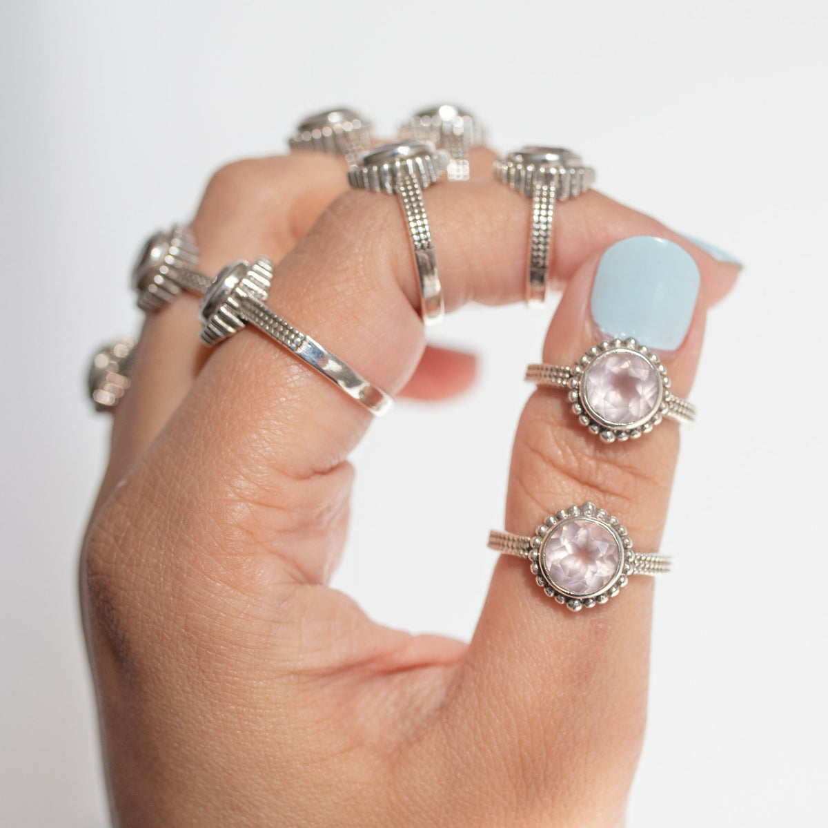 Round Rose Quartz Ring in Sterling Silver, Natural Crystal Quartz
