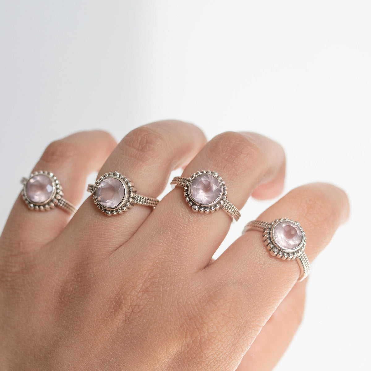 Round Rose Quartz Ring in Sterling Silver, Natural Crystal Quartz