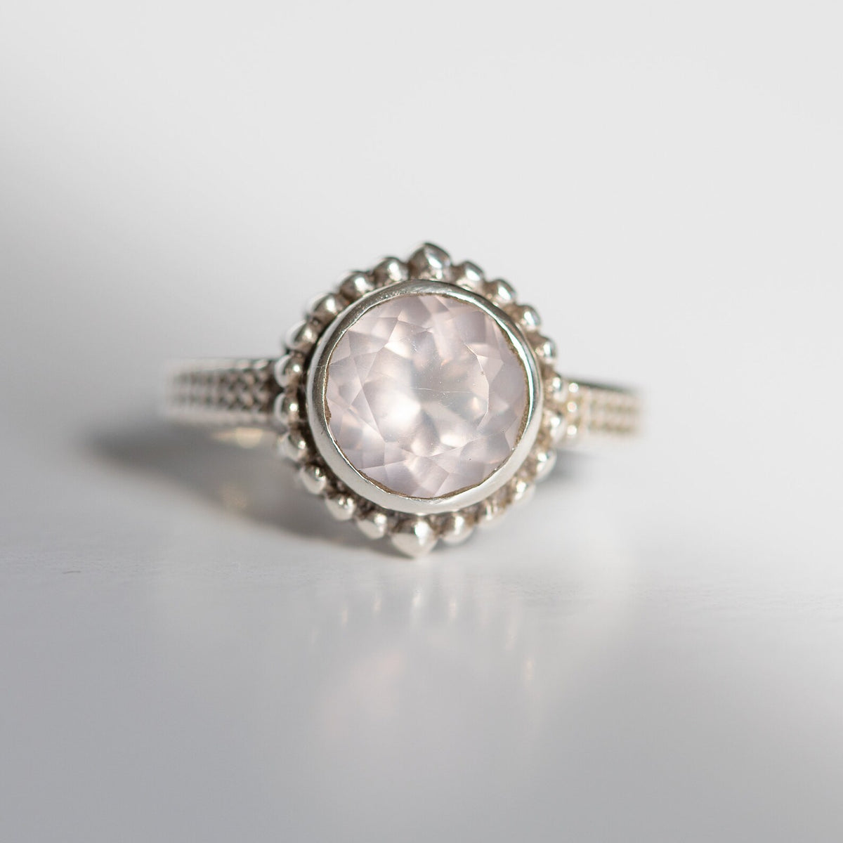 Round Rose Quartz Ring in Sterling Silver, Natural Crystal Quartz