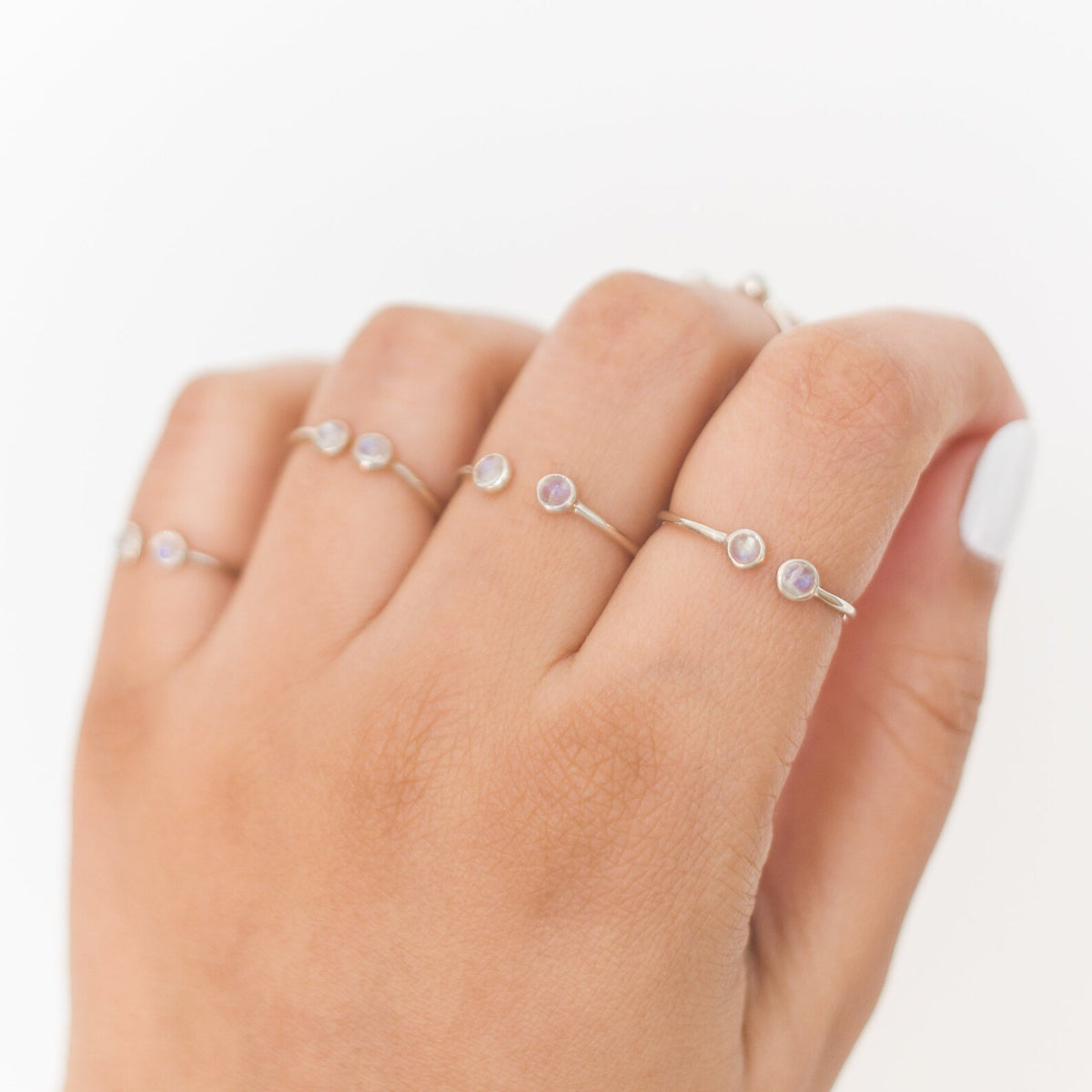 Blue Moonstone Adjustable Dainty Stacking Ring, Thin Silver Rings