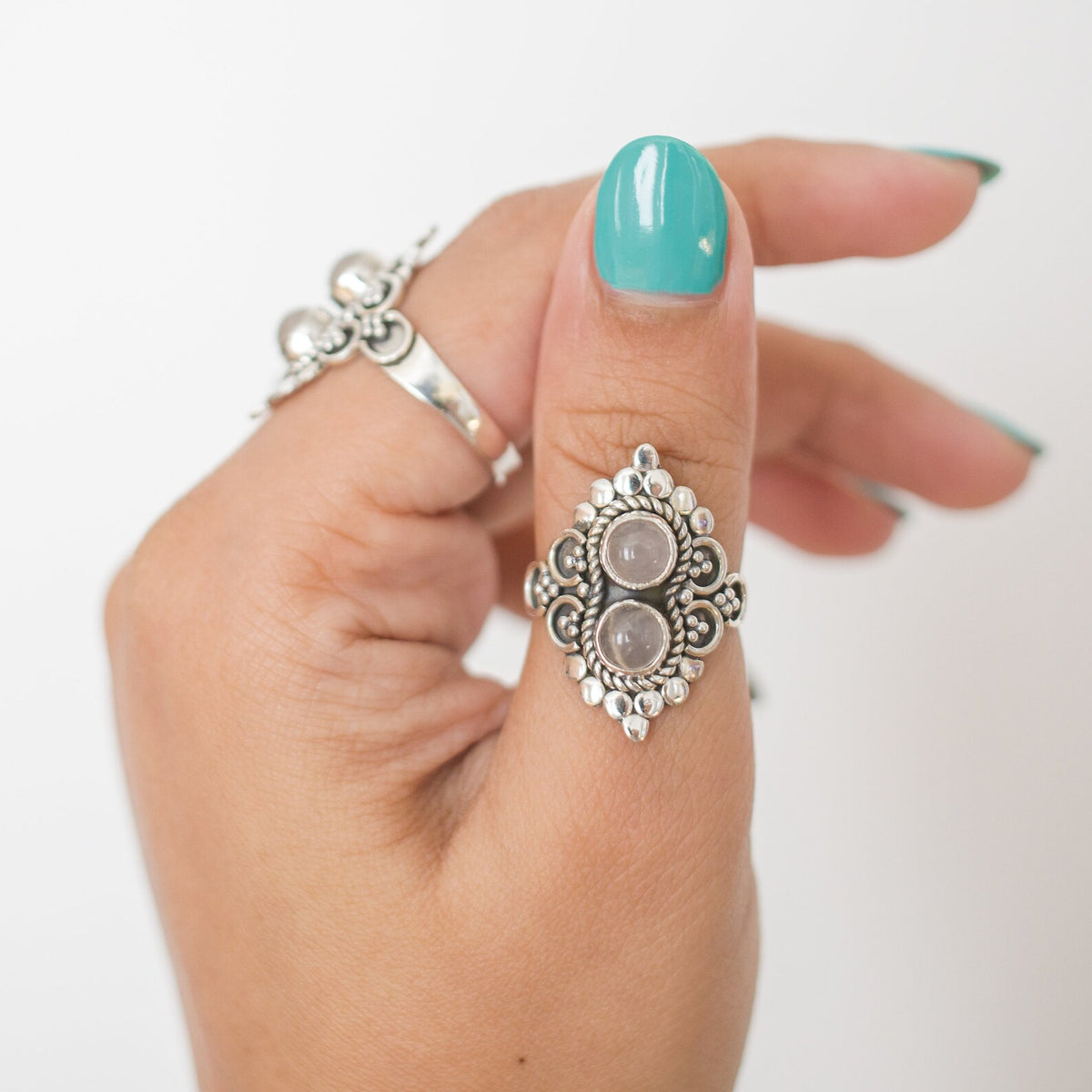 Rose Quartz Boho Ring, Silver Cocktail Ring